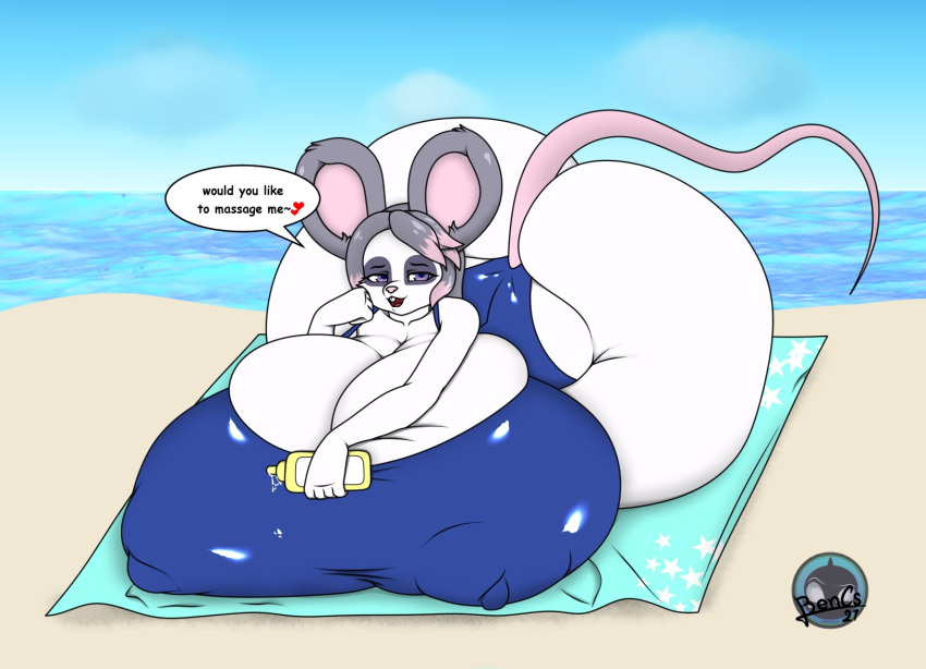 anthro beach bencs big_breasts big_butt bikini_thong breasts butt clothing female hi_res huge_breasts huge_butt hyper hyper_breasts hyper_butt lying mammal mouse murid murine on_front on_towel one-piece_swimsuit rodent seaside solo swimwear towel unknown_character white_body