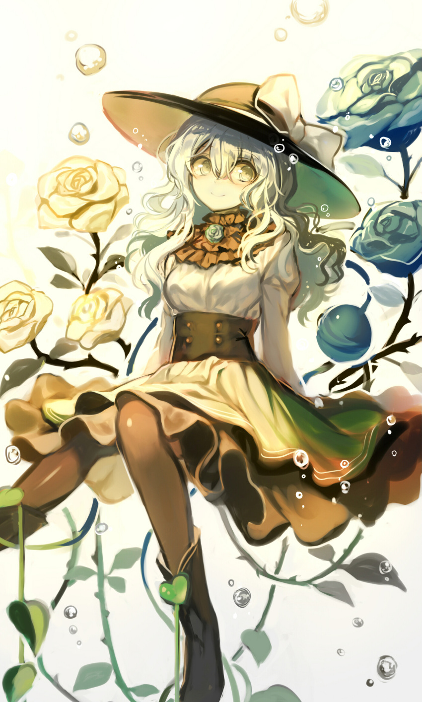 1girl adapted_costume alternate_hair_length alternate_hairstyle aqua_rose bangs black_footwear black_headwear black_legwear boots bow bubble closed_mouth eyebrows_visible_through_hair flower fuupu green_skirt hair_between_eyes hat hat_bow heart heart_of_string highres juliet_sleeves koishi_day komeiji_koishi long_sleeves looking_at_viewer puffy_sleeves rose skirt smile solo third_eye touhou wavy_hair white_background white_bow yellow_flower yellow_rose