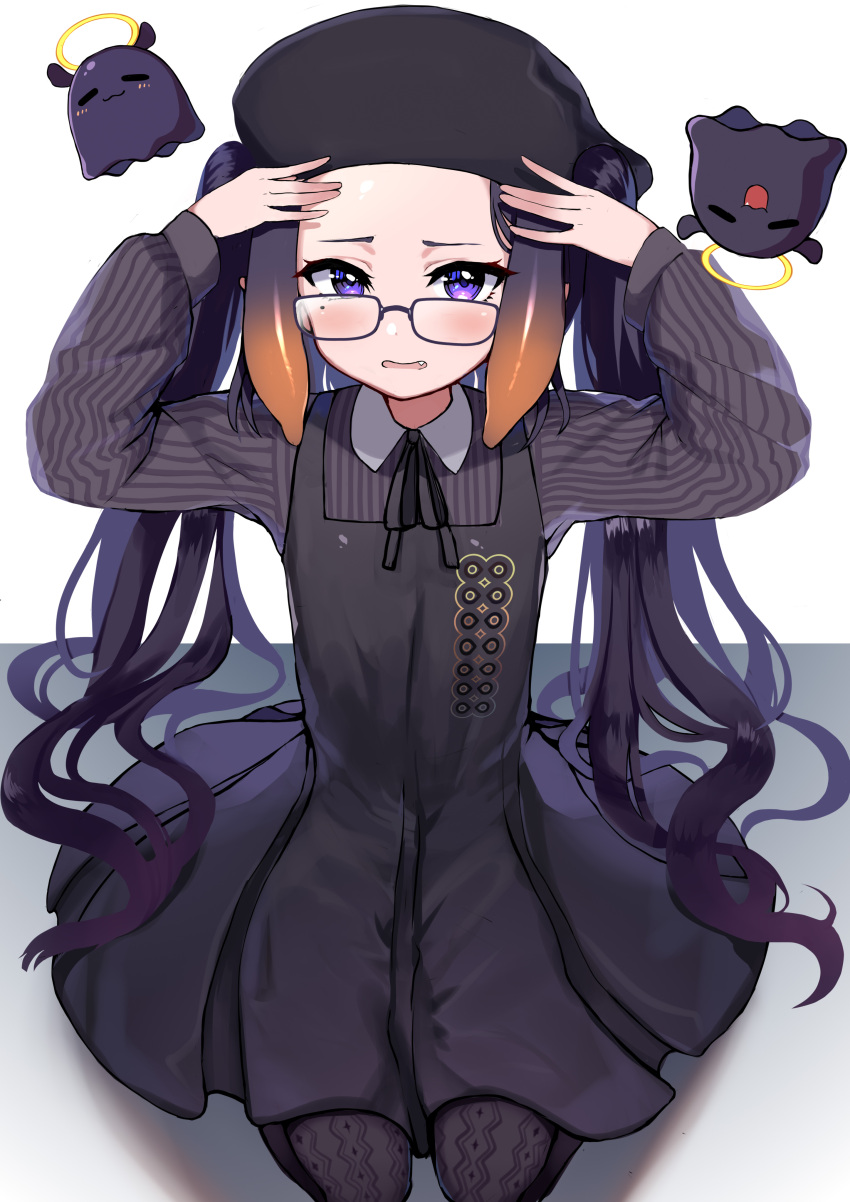 1girl absurdres beret black_dress blush commentary_request dress fang flat_chest glasses halo hands_up hat highres hololive hololive_english long_hair looking_at_viewer mole mole_under_eye ninomae_ina'nis open_mouth pantyhose purple_eyes purple_hair seiza simple_background sitting solo tako_(ninomae_ina'nis) trap_(drthumt) twintails very_long_hair white_background