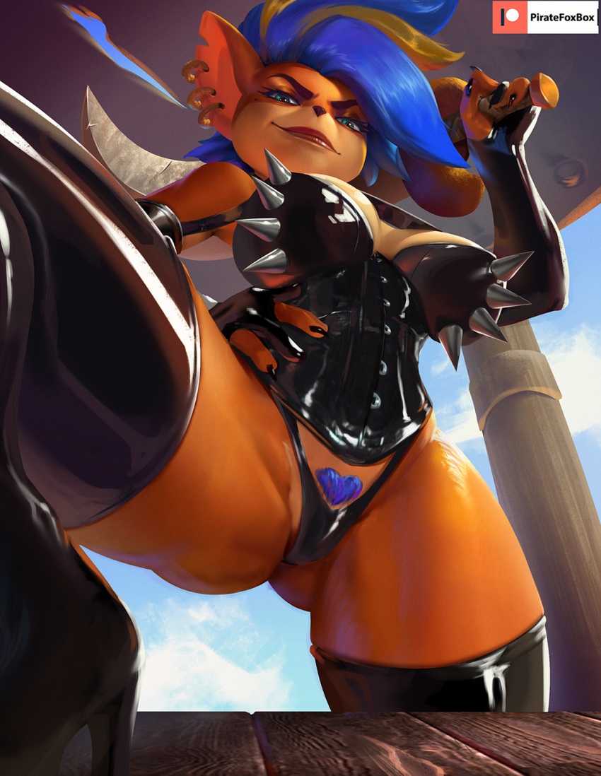 activision anthro bandicoot bedroom_eyes big_breasts big_butt blue_hair boots bra breasts butt clothing crash_bandicoot_(series) dominatrix ear_piercing female footwear hair hand_on_hip hanging_breasts hi_res high_heeled_boots high_heels leather legwear mammal marsupial melee_weapon mohawk narrowed_eyes piercing pirate_tawna piratefoxbox pubes raised_leg rubber seductive solo spiked_bra spikes sword tawna_bandicoot thick_thighs thigh_boots thigh_highs thong underwear video_games weapon