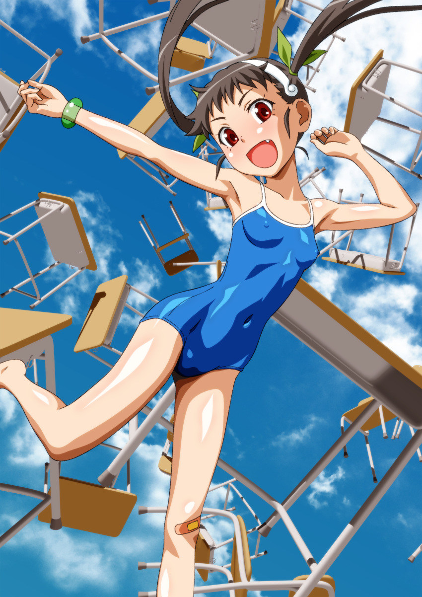 1girl :d absurdres bakemonogatari bandaid bandaid_on_knee bangs barefoot blue_swimsuit breasts brown_hair carinae cleft_of_venus cloud commentary_request covered_navel covered_nipples day desk eyelashes fang floating_hair hachikuji_mayoi hairband highres long_hair looking_at_viewer monogatari_(series) open_mouth outdoors outstretched_arm red_eyes school_swimsuit shiny shiny_skin sky smile solo swimsuit tongue twintails white_hairband