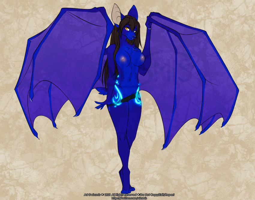 2021 alishka anthro areola blue_body blue_fur breasts brown_hair clothed clothing digital_media_(artwork) female fur hair membrane_(anatomy) membranous_wings nipples smile wings yellow_eyes