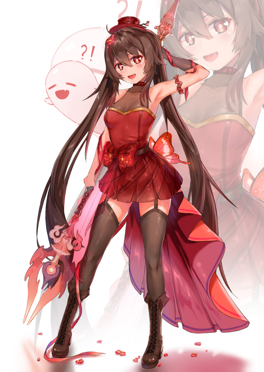 !? 1girl bare_shoulders bolinger boots bow breasts brown_hair eyebrows_visible_through_hair fang full_body genshin_impact ghost hair_between_eyes hat highres holding holding_polearm holding_weapon hu_tao_(genshin_impact) looking_at_viewer medium_breasts mini_hat open_mouth polearm red_eyes see-through simple_background skirt sleeveless solo spear standing thighhighs tongue twintails weapon white_background