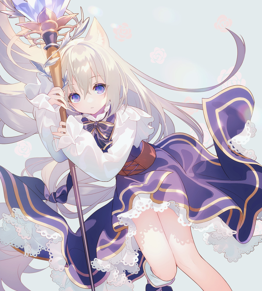 1girl animal_ears borrowed_character bow commission copyright_request dress eyebrows eyebrows_visible_through_hair hair_between_eyes highres holding holding_staff long_hair long_sleeves looking_at_viewer original parted_lips purple_eyes silver_hair skeb_commission sleeves_past_wrists solo staff yamiko