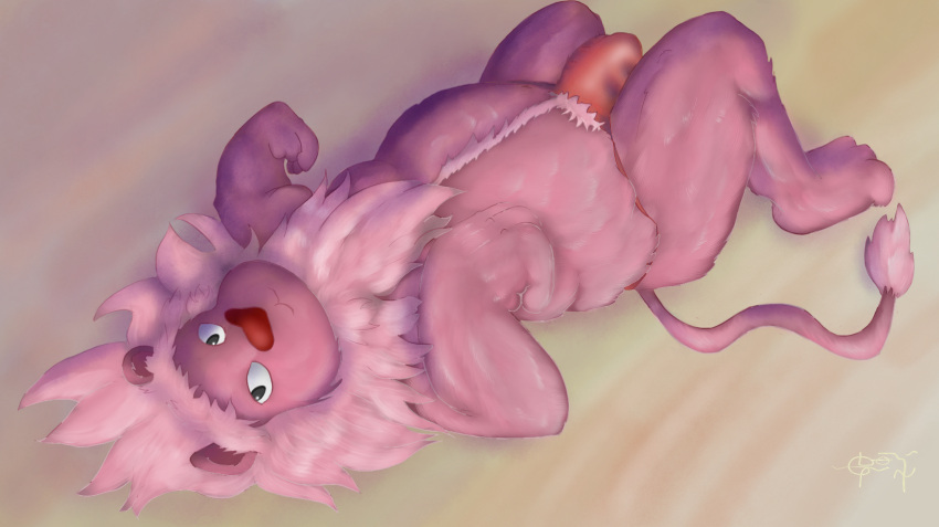 anthro cartoon_network clothing felid feline genitals hi_res lion lion_(steven_universe) lying male mammal on_back pantherine penis pink_body slightly_chubby solo steven_universe sunset tail_tuft toggle tuft underwear