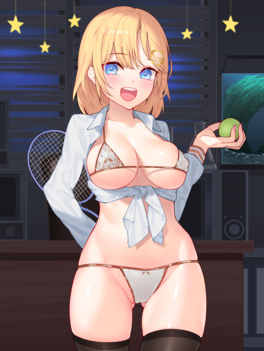 1girl :d ball bikini black_legwear blonde_hair blue_eyes breasts eyebrows_visible_through_hair hair_ornament highres holding holding_ball holding_racket hololive hololive_english indoors large_breasts long_sleeves looking_at_viewer monocle_hair_ornament open_mouth racket shirt short_hair smile solo swimsuit swimwear tennis_ball tennis_racket thighhighs tied_shirt upper_teeth virtual_youtuber waterring watson_amelia white_bikini white_shirt
