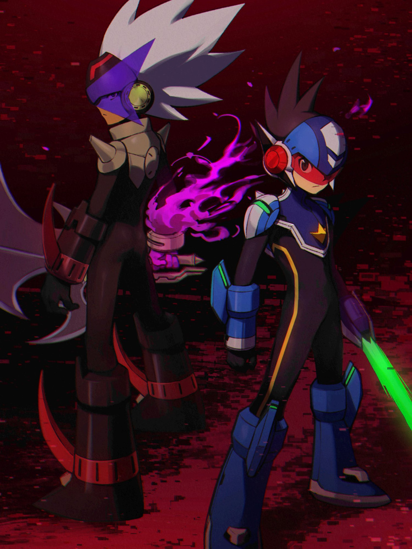 2boys bodysuit brown_hair dark_skin dark_skinned_male energy_sword geo_stelar_(mega_man) helmet highres holding holding_sword holding_weapon male_focus mega_man_(series) mega_man_star_force multiple_boys okkuu_(oexistcm) solo_(mega_man) spiked_hair standing sword visor weapon white_hair