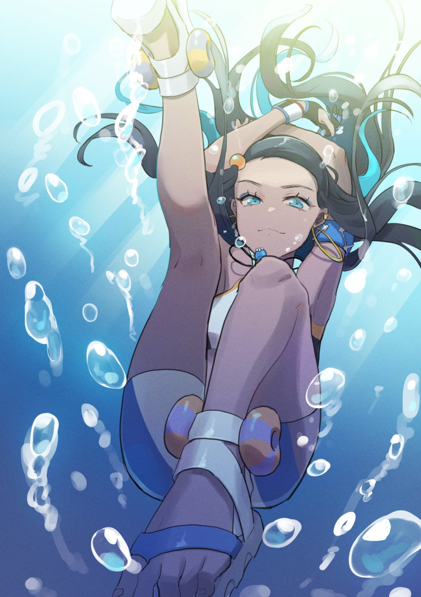 1girl air_bubble armlet arms_up bike_shorts black_hair blue_eyes blue_eyeshadow blue_hair bubble closed_mouth commentary_request dark_skin dark_skinned_female dynamax_band earrings eyeshadow gloves gym_leader highres hoop_earrings jewelry kneepits knees long_hair looking_at_viewer makeup multicolored_hair myattamyata necklace nessa_(pokemon) partially_fingerless_gloves pokemon pokemon_(game) pokemon_swsh sandals single_glove smile solo toes two-tone_hair underwater white_footwear