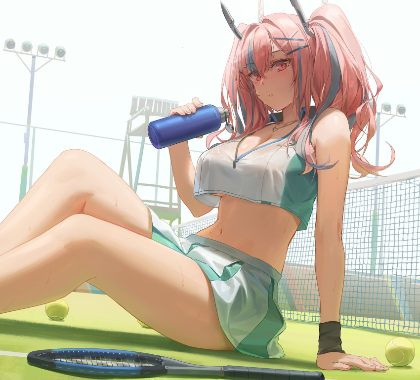 1girl arm_support azur_lane ball bottle breasts bremerton_(azur_lane) bremerton_(scorching-hot_training)_(azur_lane) cleavage collarbone eyebrows_visible_through_hair free_style_(yohan1754) grey_hair hair_between_eyes hair_ornament heart heart_necklace highres holding holding_bottle jewelry large_breasts legs looking_at_viewer midriff multicolored_hair navel necklace net official_alternate_costume on_floor racket red_eyes red_hair sitting skirt solo sportswear tennis_ball tennis_racket tennis_uniform thighs twintails two-tone_hair underboob x_hair_ornament