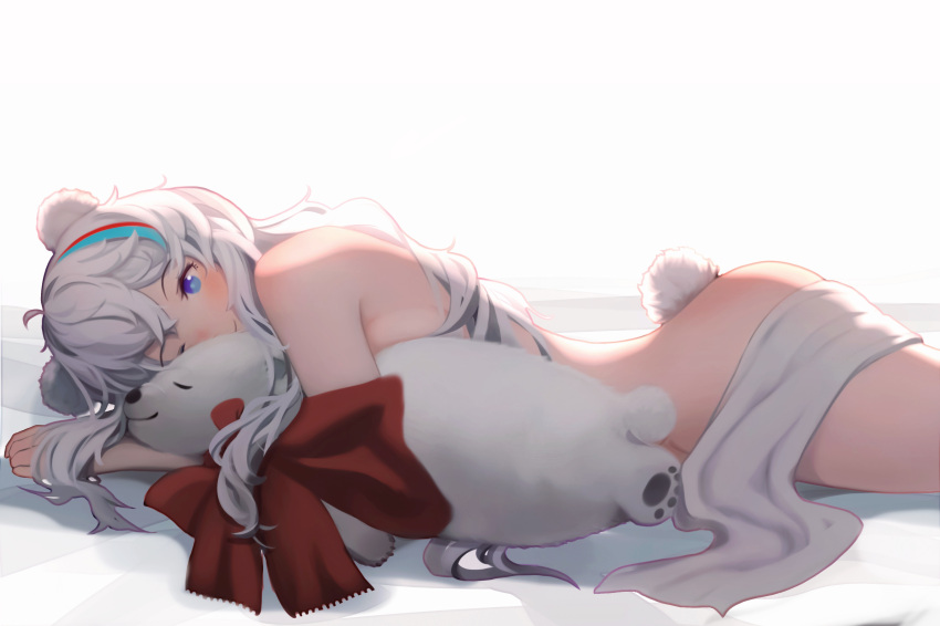 1girl absurdres animal_ears arknights bear_ears bear_girl bear_tail blue_eyes blue_hair highres laozhanshi long_hair looking_at_viewer lying multicolored_hair nude on_side one_eye_closed red_hair red_ribbon ribbon rosa_(arknights) smile solo streaked_hair stuffed_seal tail towel white_background white_hair