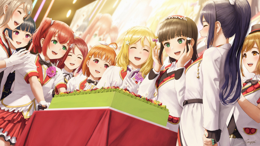 6+girls aqua_eyes black_hair blonde_hair brown_eyes brown_hair cake closed_eyes closed_mouth dark_blue_hair food highres kunikida_hanamaru kurosawa_dia kurosawa_ruby light_brown_hair love_live! love_live!_sunshine!! matsuura_kanan mirai_ticket multiple_girls ohara_mari open_mouth orange_hair papi_(papiron100) ponytail purple_eyes red_eyes red_hair sakurauchi_riko smile takami_chika tsushima_yoshiko twintails watanabe_you