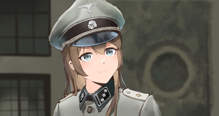 1girl absurdres blue_eyes blurry blurry_background brown_hair closed_mouth expressionless germany hair_between_eyes hat highres insignia military military_hat military_uniform nazi original peaked_cap skull solo swastika tagme unicron_(brous) uniform world_war_ii