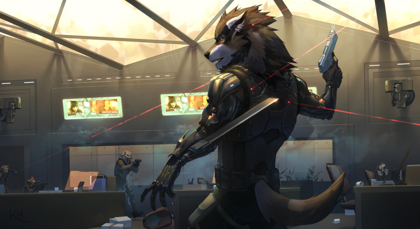 anthro canid canine canis cybernetics detailed_background deus_ex:_human_revolution fur group gun handgun kaylinmangorian laser_pointer machine male mammal rakan ranged_weapon solo_focus video_games weapon were werecanid werecanine werewolf wolf