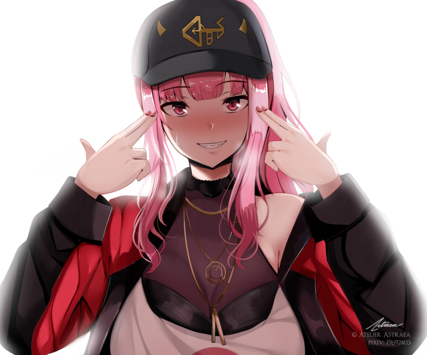 1girl astraea_(atelierastraea) bangs blunt_bangs breasts dababy_(rapper) eyebrows_visible_through_hair hololive hololive_english large_breasts long_hair looking_at_viewer mori_calliope pink_eyes pink_hair ponytail simple_background solo upper_body virtual_youtuber white_background