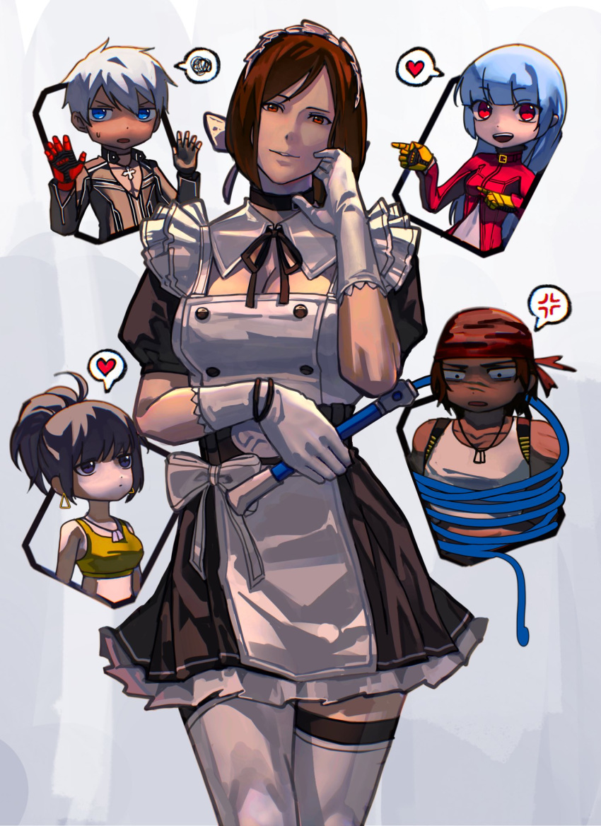 alternate_costume apron bandana blue_hair breasts brother_and_sister chaps chibi cropped_jacket dark_skin dress enmaided highres holding holding_whip ikari_warriors k' kula_diamond leona_heidern looking_at_viewer maid maid_apron maid_headdress ponytail ralf_jones short_hair siblings smile snk syachiiro the_king_of_fighters the_king_of_fighters_2000 waist_apron whip whip_(kof) white_apron white_hair