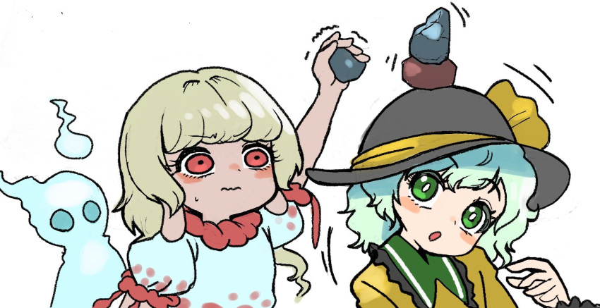 1other 2girls bangs blonde_hair blouse bow earlobes ebisu_eika frilled_shirt frilled_shirt_collar frills ghost green_eyes green_hair hat hat_bow hat_ribbon holding_rock howhow_notei komeiji_koishi looking_at_another multiple_girls open_mouth puffy_short_sleeves puffy_sleeves pun red_eyes ribbon rock_balancing shirt short_hair short_sleeves stacking stone touhou upper_body wavy_mouth white_background yellow_blouse yellow_shirt