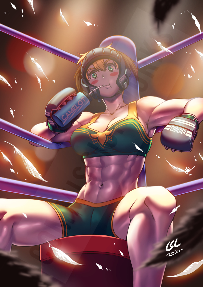 1girl :t abs bangs bare_shoulders bikini bikini_shorts black_hair blonde_hair blush_stickers bottle boxing_headgear boxing_ring breasts c._suryo_laksono cleavage closed_mouth collarbone commission cowboy_shot dated drinking drinking_straw drinking_straw_in_mouth english_commentary fate/grand_order fate_(series) feathers gareth_(fate) grappling_gloves green_bikini green_eyes green_shorts groin hair_between_eyes highres holding holding_bottle large_breasts leaning_on_object looking_at_viewer midriff mixed_martial_arts mma_gloves multicolored_hair muscular muscular_female navel short_hair shorts sidelocks signature sitting solo sports_bikini stool swimsuit two-tone_hair water_bottle watermark