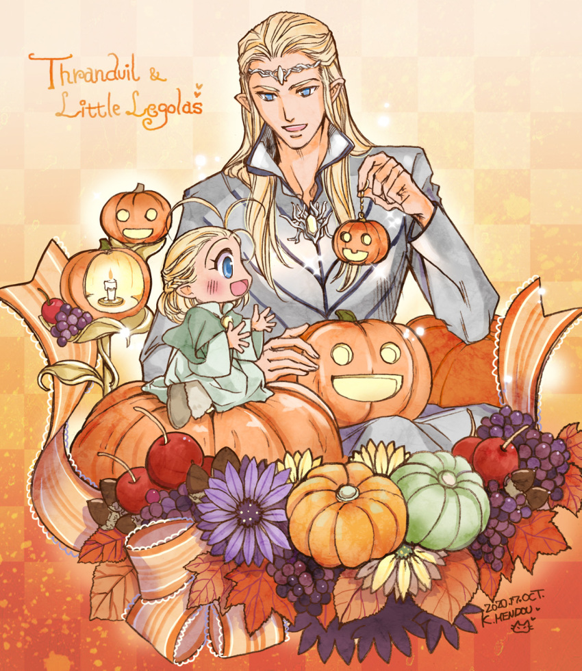 2boys :d blonde_hair blue_eyes blush bow character_name cherry circlet coat dated father_and_son flower food fruit grapes green_robe grey_coat halloween highres holding jack-o'-lantern kazuki-mendou kneeling lantern legolas long_hair long_sleeves multiple_boys open_mouth orange_bow pointy_ears pumpkin purple_flower signature smile the_hobbit thranduil younger