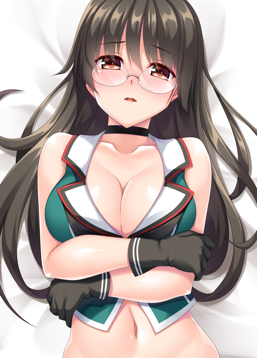 1girl absurdres black_gloves black_hair breasts choukai_(kancolle) crop_top glasses gloves highres kantai_collection large_breasts long_hair navel red_eyes remodel_(kantai_collection) rimless_eyewear ruin_re_birth sleeveless solo upper_body