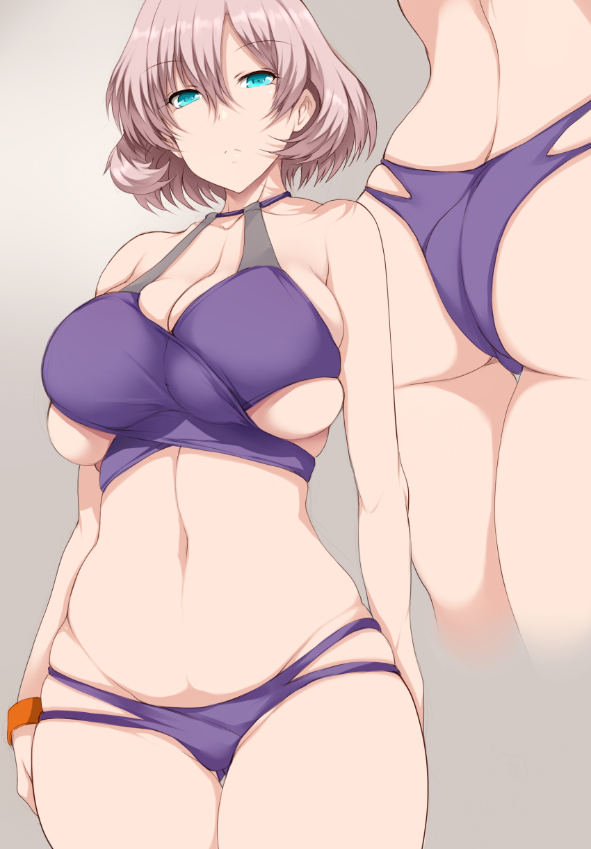 1girl ass back bangs bare_shoulders bikini blue_bikini blue_eyes blush breasts brown_hair cleavage collarbone gridman_universe highres large_breasts looking_at_viewer mujina multiple_views navel short_hair ssss.dynazenon swimsuit thighs tsukasawa_takamatsu