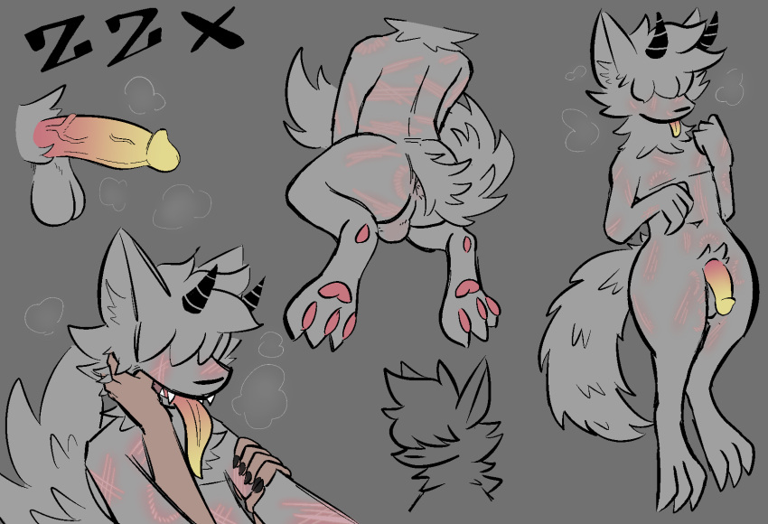 anthro balls canid canine canis fur genitals grey_background grey_body grey_fur hi_res horn humanoid_genitalia long_nails male mammal multicolored_genitals scratches simple_background solo wolf zzx