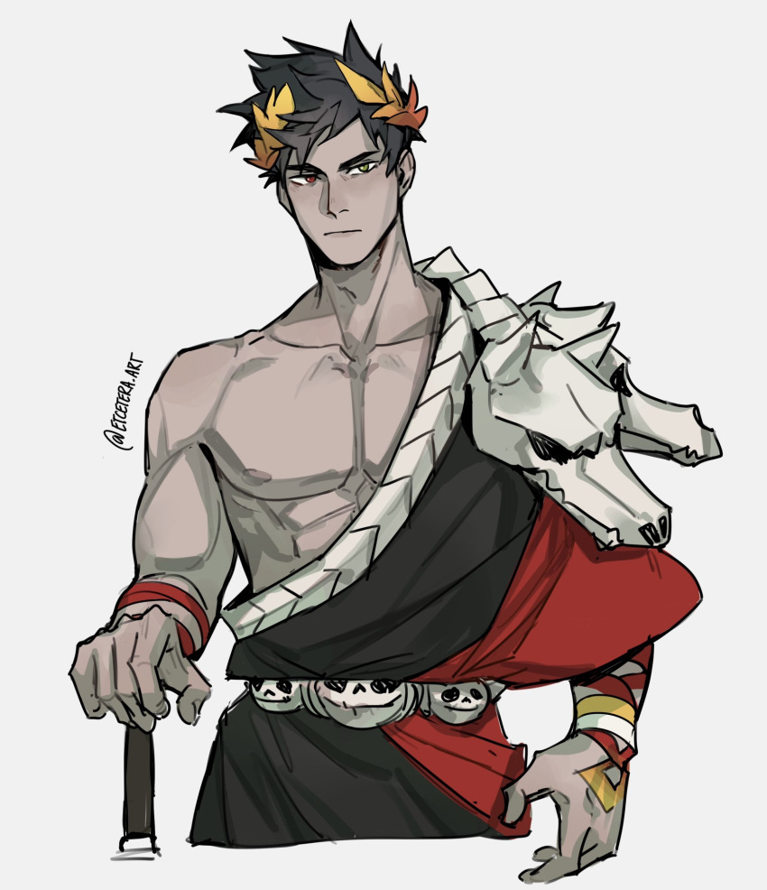 1boy black_hair black_sclera colored_sclera etceteraart greek_clothes green_eyes hades_(game) heterochromia highres laurel_crown leggings looking_at_viewer male_focus muscular red_eyes short_hair single_bare_shoulder skull solo sword weapon zagreus_(hades)