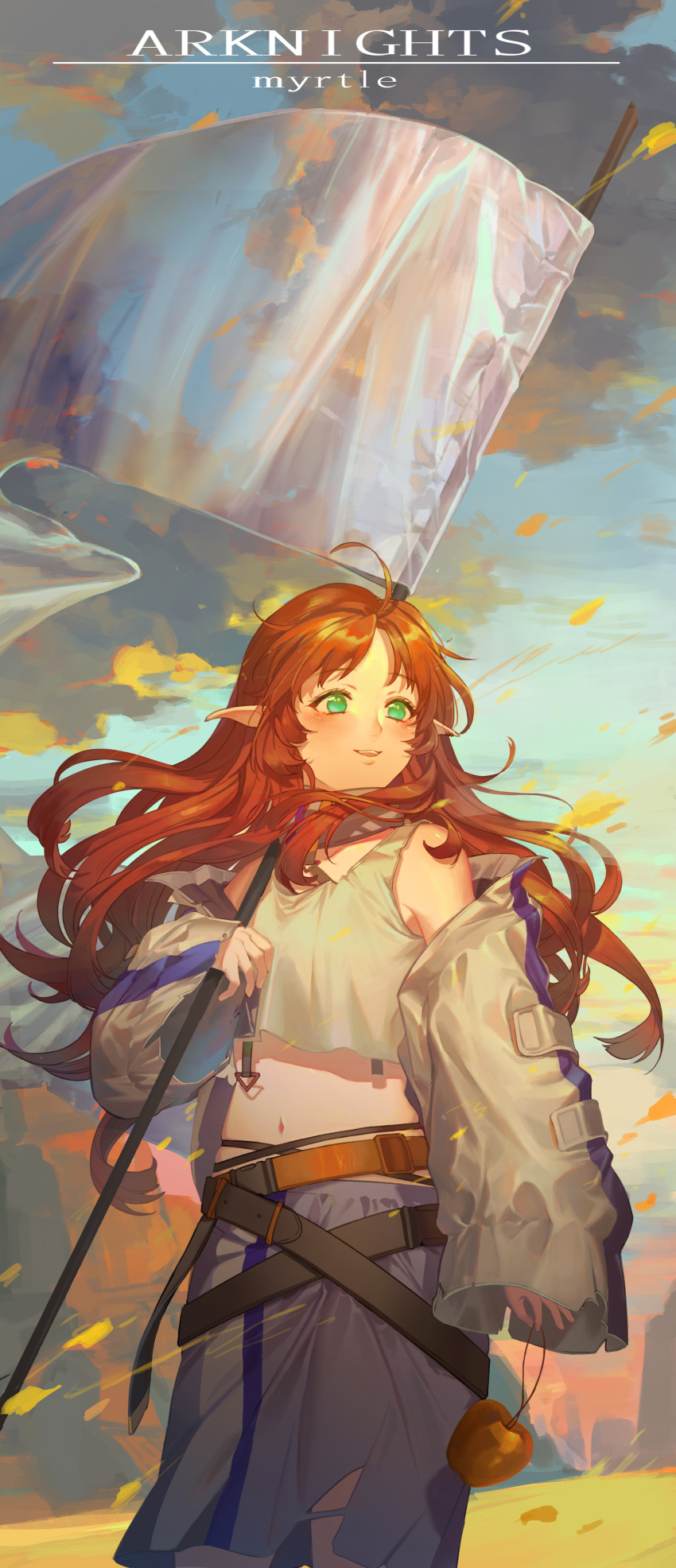 1girl absurdres ahoge apple arknights belt blush character_name copyright_name crop_top flag food fruit green_eyes highres holding holding_flag long_hair long_sleeves midriff myrtle_(arknights) navel open_mouth outdoors pointy_ears qianjingya red_hair solo standing white_flag wide_sleeves