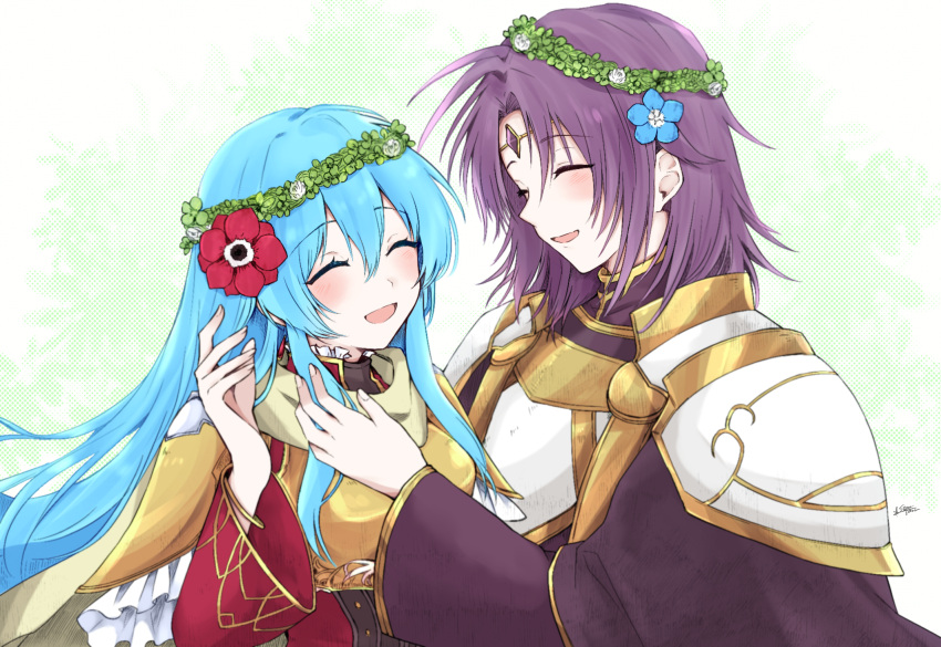 1boy 1girl aqua_eyes aqua_hair armor artist_name bangs blush bracelet breastplate cape circlet closed_eyes commentary_request dress_shirt earrings eirika_(fire_emblem) eyebrows_visible_through_hair eyes_visible_through_hair fire_emblem fire_emblem:_the_sacred_stones flower gold_armor gold_trim hair_between_eyes hair_flower hair_ornament head_wreath highres jewelry long_hair long_sleeves lyon_(fire_emblem) misato_hao open_mouth purple_hair red_legwear shirt shoes short_hair shoulder_armor signature simple_background skirt smile thighhighs white_background white_skirt