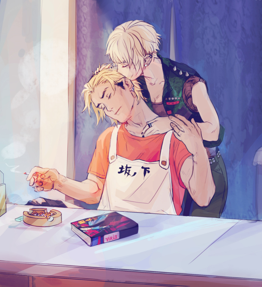 1boy 1girl apron ashtray belt blonde_hair chair cigarette closed_eyes denim ear_kiss ear_piercing eyebrows eyelashes haikyuu!! hetero highres holding holding_cigarette indoors jeans pants piercing shirt short_hair short_sleeves sitting smoke smoking tanaka_saeko_(haikyuu!!) thumb_ring ukai_keishin viria13