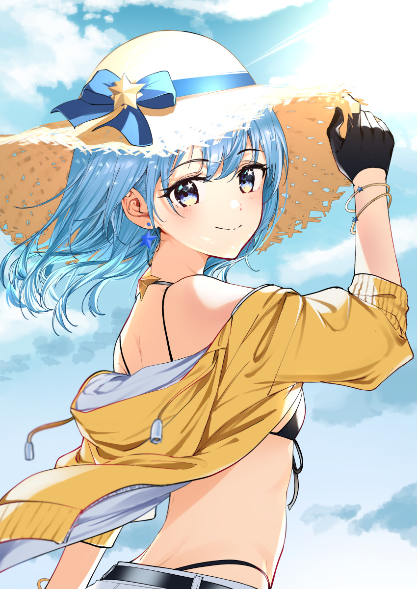 1girl absurdres alternate_costume arm_up bangs belt bikini bikini_under_clothes black_bikini black_gloves blue_eyes blue_hair blue_ribbon blue_sky bracelet breasts cloud cloudy_sky english_commentary eyebrows_visible_through_hair fingerless_gloves gloves hand_on_headwear hat highleg highleg_bikini highres hololive hood hooded_jacket hoshimachi_suisei jacket jewelry long_hair looking_at_viewer looking_to_the_side mixed-language_commentary nonbire outdoors ribbon shiny shiny_hair shiny_skin sky small_breasts smile solo star_(symbol) star_in_eye straw_hat sun_hat sunlight swimsuit symbol_commentary symbol_in_eye upper_body virtual_youtuber yellow_jacket