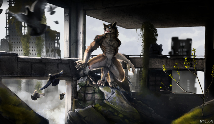 2021 anthro apocalypse avian bird blue_eyes canid canine canis city columbid crouching digital_media_(artwork) dove hi_res idzanami male mammal muscular muscular_male rakan scar skyscraper were werecanid werecanine werewolf wolf