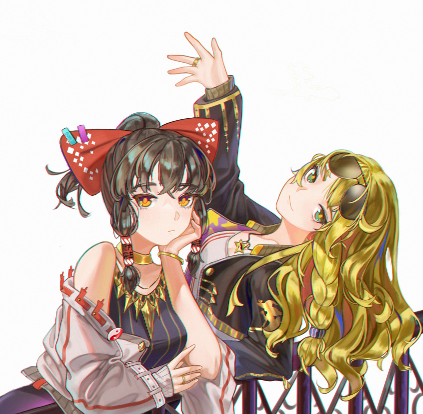 (9) 2girls absurdres alternate_costume alucard_pie black_hair blonde_hair bow bracelet braid choker contemporary eyewear_on_head gold hair_tubes hakurei_reimu highres jewelry kirisame_marisa multiple_girls ponytail railing ring single_braid smile star_(symbol) sunglasses touhou wedding_band yellow_eyes yin_yang