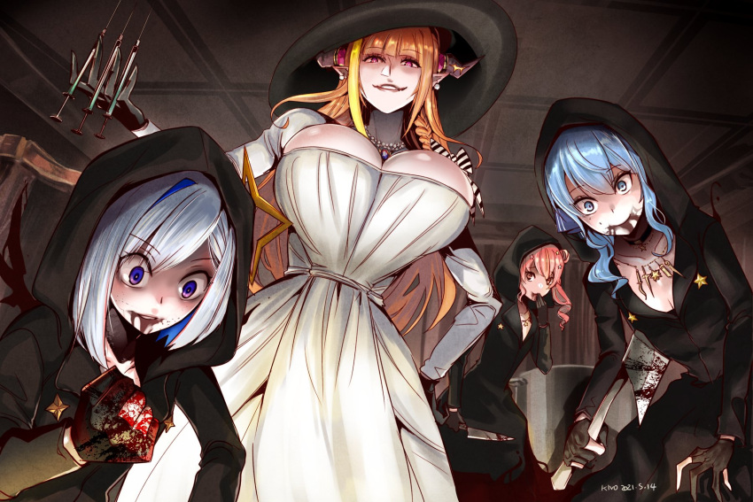 4girls alcina_dimitrescu alcina_dimitrescu_(cosplay) alternate_costume amane_kanata anemachi artist_name asymmetrical_hair axe bangs bela_dimitrescu bela_dimitrescu_(cosplay) black_dress black_gloves black_headwear blonde_hair blood blood_from_mouth bloody_hands bloody_weapon blue_eyes blue_hair blunt_bangs breasts brown_eyes cassandra_dimitrescu cassandra_dimitrescu_(cosplay) ceiling cleavage clenched_hand collarbone colored_inner_hair commentary cosplay crazy_eyes crazy_smile daniela_dimitrescu daniela_dimitrescu_(cosplay) dated dragon_horns dress earrings english_commentary gloves hair_ornament hand_to_own_mouth hat hatchet highres holding holding_axe hololive hood horns hoshimachi_suisei huge_breasts jewelry kiryu_coco kivo knife long_hair multicolored multicolored_eyes multicolored_hair multiple_girls necklace orange_hair partially_fingerless_gloves pink_hair pointy_ears purple_eyes red_eyes resident_evil resident_evil_village short_hair signature silver_hair small_breasts smile star_(symbol) star_hair_ornament star_necklace streaked_hair syringe two-tone_hair virtual_youtuber wavy_hair weapon white_dress