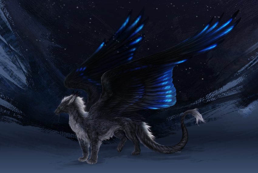 2021 ambiguous_gender black_body black_feathers black_fur digital_media_(artwork) dragon feathered_dragon feathered_wings feathers feral fur furred_dragon grey_body grey_fur hi_res isvoc membrane_(anatomy) membranous_wings solo spots spotted_body spotted_fur standing wings