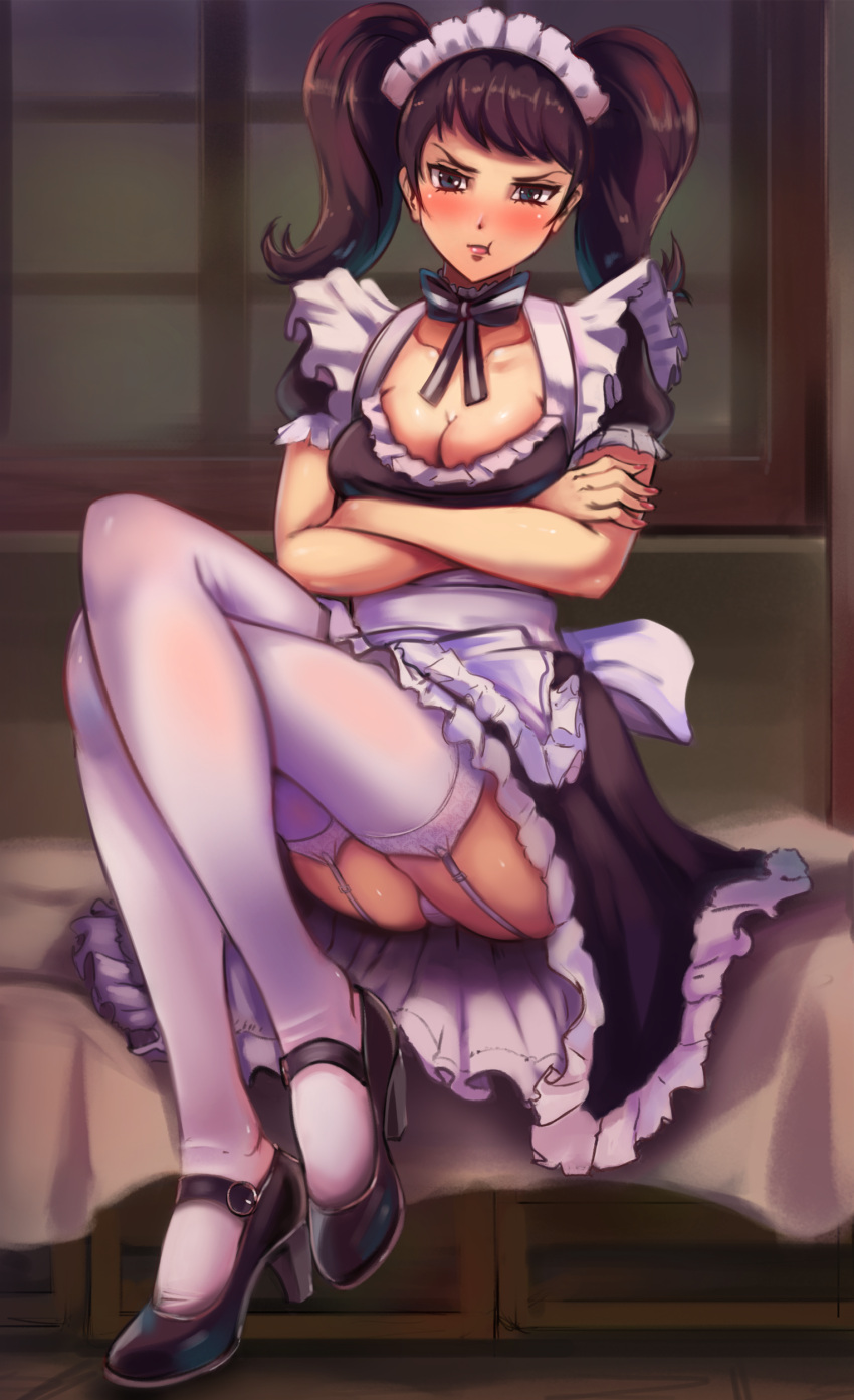 1girl :t absurdres annoyed apron back_bow bangs black_dress black_footwear black_neckwear blue_eyes blush bow bowtie breasts cleavage closed_mouth collarbone commentary crossed_arms crossed_legs dress embarrassed english_commentary frilled_apron frilled_dress frills full_body garter_straps high_heels highres indoors kawakami_sadayo maid_apron maid_headdress medium_breasts medium_hair nail_polish panties pantyshot persona persona_5 pout puffy_short_sleeves puffy_sleeves red_nails shiny shiny_hair shiny_skin shoes short_sleeves sidelocks sitting solo striped striped_neckwear swept_bangs thighhighs tied_hair toasty_scones twintails underwear upskirt v-shaped_eyebrows white_apron white_legwear white_panties window