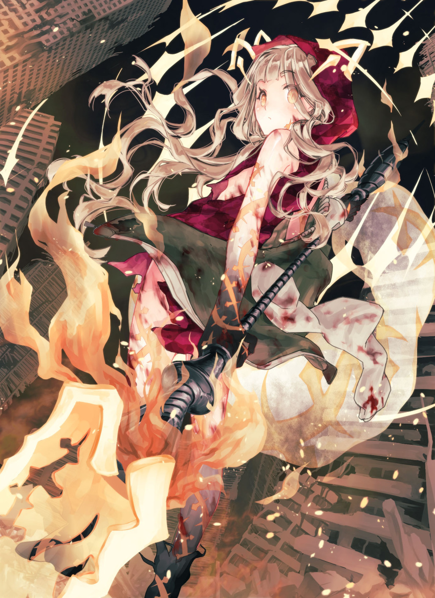 1girl animal_ears bangs blonde_hair blood blood_splatter bloody_clothes blunt_bangs blush boots building closed_mouth energy expressionless highres holding holding_weapon jacket jacket_removed little_red_riding_hood_(sinoalice) long_hair looking_at_viewer looking_back moo_alice_moo night orange_eyes outdoors reality_arc_(sinoalice) ruins shirt sidelocks sinoalice skyscraper solo tail torn_clothes torn_shirt wavy_hair weapon