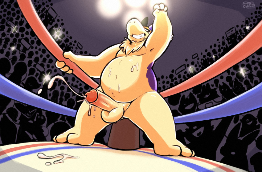 anthro balls bodily_fluids bulge crowd cum ejaculation erection fighting_ring genital_fluids genitals group hi_res male mask nintendo nude overweight overweight_male penis pok&eacute;mon pok&eacute;mon_(species) raburigaron slightly_chubby solo sports_mask sportswear standing typhlosion video_games wrestling_mask