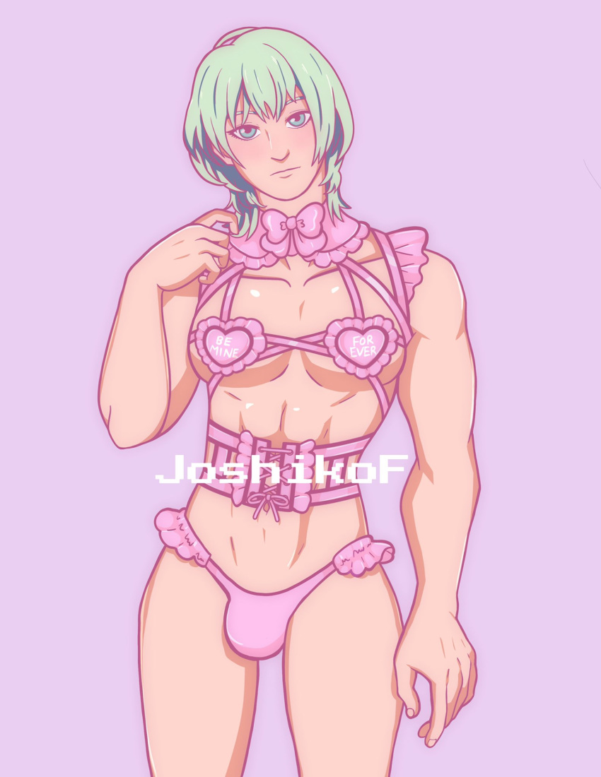 1boy artist_name bow breasts bulge byleth_(fire_emblem) byleth_(fire_emblem)_(male) closed_mouth cowboy_shot fire_emblem fire_emblem:_three_houses green_eyes green_hair highres joshikof lavender_background lingerie looking_at_viewer medium_breasts panties pectorals pink_background pink_bow pink_panties simple_background underwear