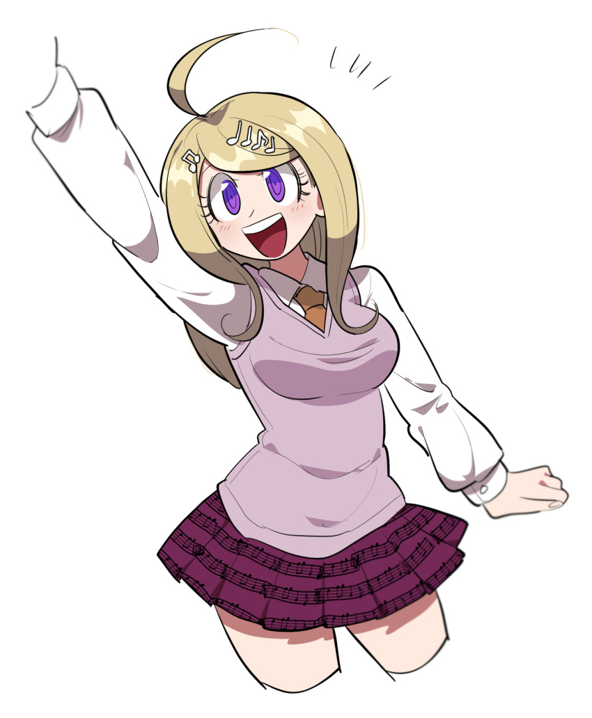 1girl :d ahoge akamatsu_kaede arm_up bangs blonde_hair blush breasts collared_shirt commentary_request cowboy_shot cropped_legs danganronpa_(series) danganronpa_v3:_killing_harmony eighth_note furukawa_(yomawari) hair_ornament highres large_breasts long_hair long_sleeves miniskirt musical_note musical_note_hair_ornament necktie open_mouth orange_neckwear pleated_skirt purple_eyes purple_skirt school_uniform shirt simple_background skirt smile solo sweater_vest teeth white_background white_shirt