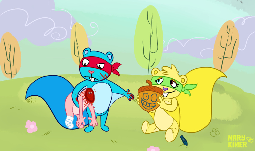 absurd_res anthro blood blue_body blue_fur bodily_fluids duo flying_squirrel fur gore grimdark happy_tree_friends hi_res mammal marykimer rodent sciurid simple_background splendid_(htf) yellow_body yellow_fur