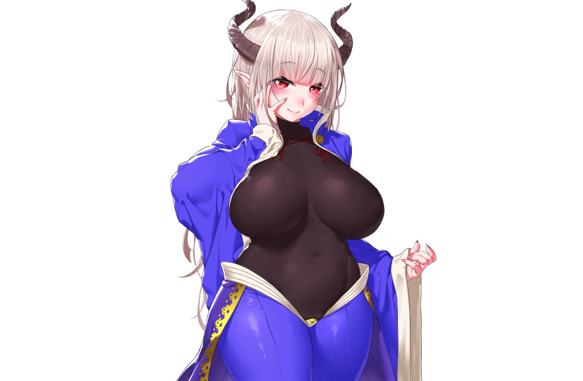 blush bodysuit breasts gray_hair horns long_hair onsoku_inu original pointed_ears red_eyes white