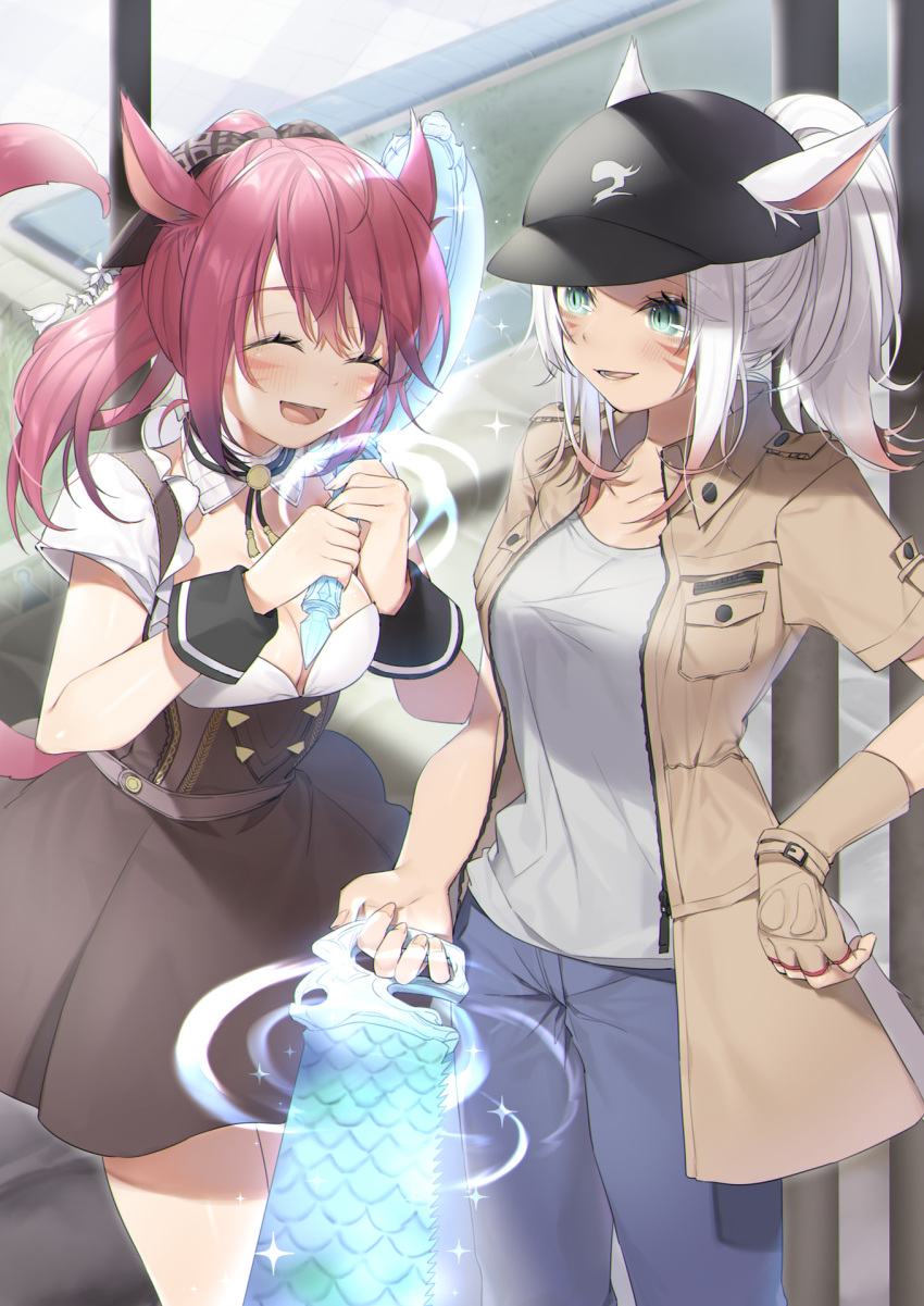 2girls bangs baseball_cap blush breasts cat_tail cleavage closed_eyes eyebrows_visible_through_hair facial_mark final_fantasy final_fantasy_xiv fingerless_gloves frying_pan gloves green_eyes hat highres jacket long_hair medium_breasts miqo'te multiple_girls open_clothes open_jacket open_mouth plunging_neckline ponytail red_hair saw tail whisker_markings white_hair wrist_cuffs yana_mori