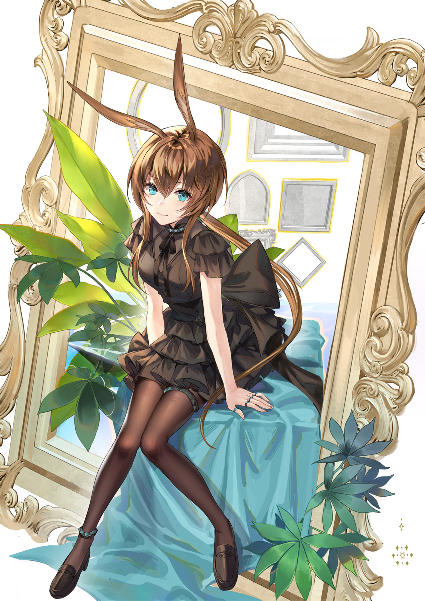 1girl amiya_(arknights) animal_ears arknights bangs black_dress black_footwear black_ribbon blue_eyes breasts brown_hair brown_legwear bunny_ears commentary dress empty_picture_frame eyebrows_visible_through_hair full_body hair_between_eyes highres jewelry kernel_killer loafers long_hair looking_at_viewer medium_breasts multiple_rings pantyhose picture_frame plant ponytail ribbon ring shoes sitting solo table very_long_hair