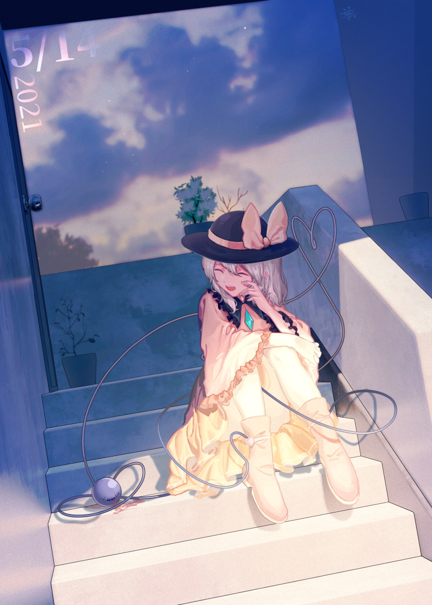1girl arm_on_knee black_headwear blue_sky boots closed_eyes cloud dated dated_commentary door dutch_angle facing_to_the_side furahata_gen hand_on_own_face hat hat_ribbon heart heart_of_string highres koishi_day komeiji_koishi long_sleeves open_mouth pink_footwear plant potted_plant ribbon shirt short_hair silver_hair sitting skirt sky solo stairs third_eye touhou tree wide_sleeves yellow_shirt yellow_skirt