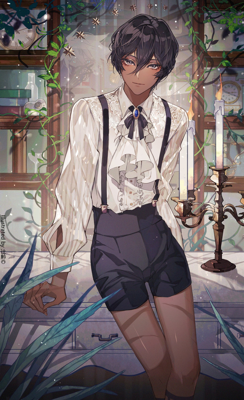 1boy absurdres arjuna_(fate) black_hair black_shorts brown_eyes candle clock collared_shirt fate/grand_order fate_(series) feet_out_of_frame fire hair_between_eyes highres karna_(fate) leaf long_sleeves male_focus plant shadow shelf shirt shirt_tucked_in short_hair shorts smile solo sqloveraven suspenders white_shirt