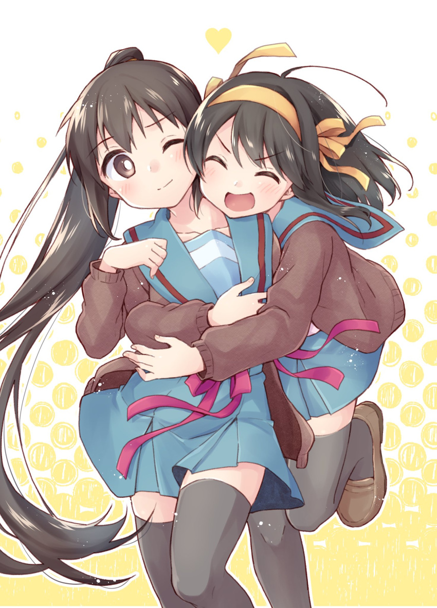 2girls :d bangs black_legwear blue_sailor_collar blue_skirt blush brown_cardigan brown_footwear brown_hair cardigan closed_eyes closed_mouth commentary_request eyebrows_visible_through_hair genderswap genderswap_(mtf) hair_ribbon half-closed_eyes happy heart highres hug hug_from_behind kita_high_school_uniform kyonko long_hair long_sleeves looking_at_another multiple_girls open_mouth ponytail red_ribbon ribbon sailor_collar school_uniform serafuku shoes short_hair skirt smile standing suzumiya_haruhi suzumiya_haruhi_no_yuuutsu taiki_(6240taiki) thighhighs yellow_ribbon zettai_ryouiki