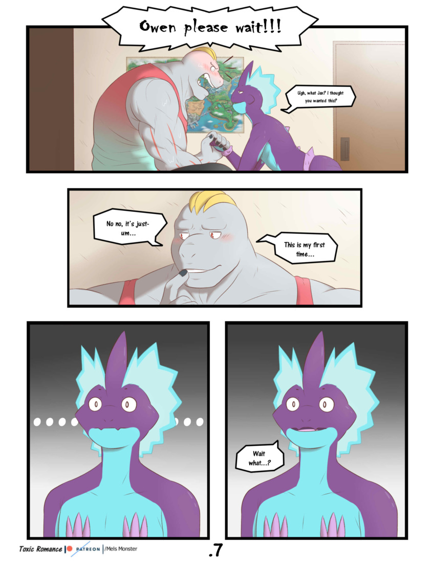 absurd_res anthro barazoku bedroom_eyes blush clothing comic dialogue embarrassed english_text hi_res jax_(mels_monster) low_key_toxtricity machoke male male/male mels_monster_(artist) muscular muscular_male narrowed_eyes nintendo nude owen_(mels_monster) pok&eacute;mon pok&eacute;mon_(species) purple_body seductive shirt surprise tank_top text topwear toxtricity video_games virgin wtf_face yelling