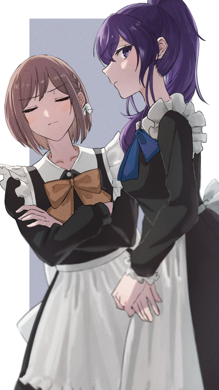 2girls alternate_costume apron asahina_mafuyu blush braid breasts brown_hair closed_eyes closed_mouth enmaided eyebrows_visible_through_hair hair_ribbon highres kamo_(kraw3887) long_hair looking_to_the_side maid maid_apron maid_headdress multiple_girls ponytail project_sekai purple_eyes purple_hair ribbon shinonome_ena short_hair sidelocks simple_background standing