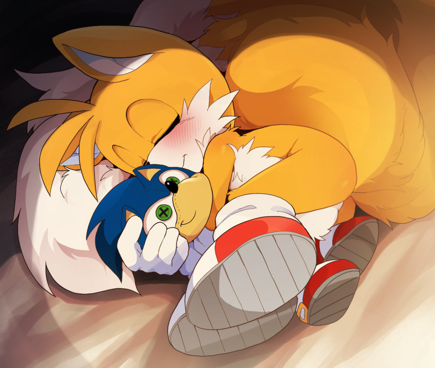 2021 anthro bed blush canid canine clothing cuddling dagasi dipstick_tail eyes_closed featureless_crotch fluffy fluffy_tail footwear fox fur furniture gloves handwear hug male mammal miles_prower mostly_nude multi_tail multicolored_tail plushie shoes sleeping smile solo sonic_the_hedgehog sonic_the_hedgehog_(series) tuft video_games white_body white_fur yellow_body yellow_fur