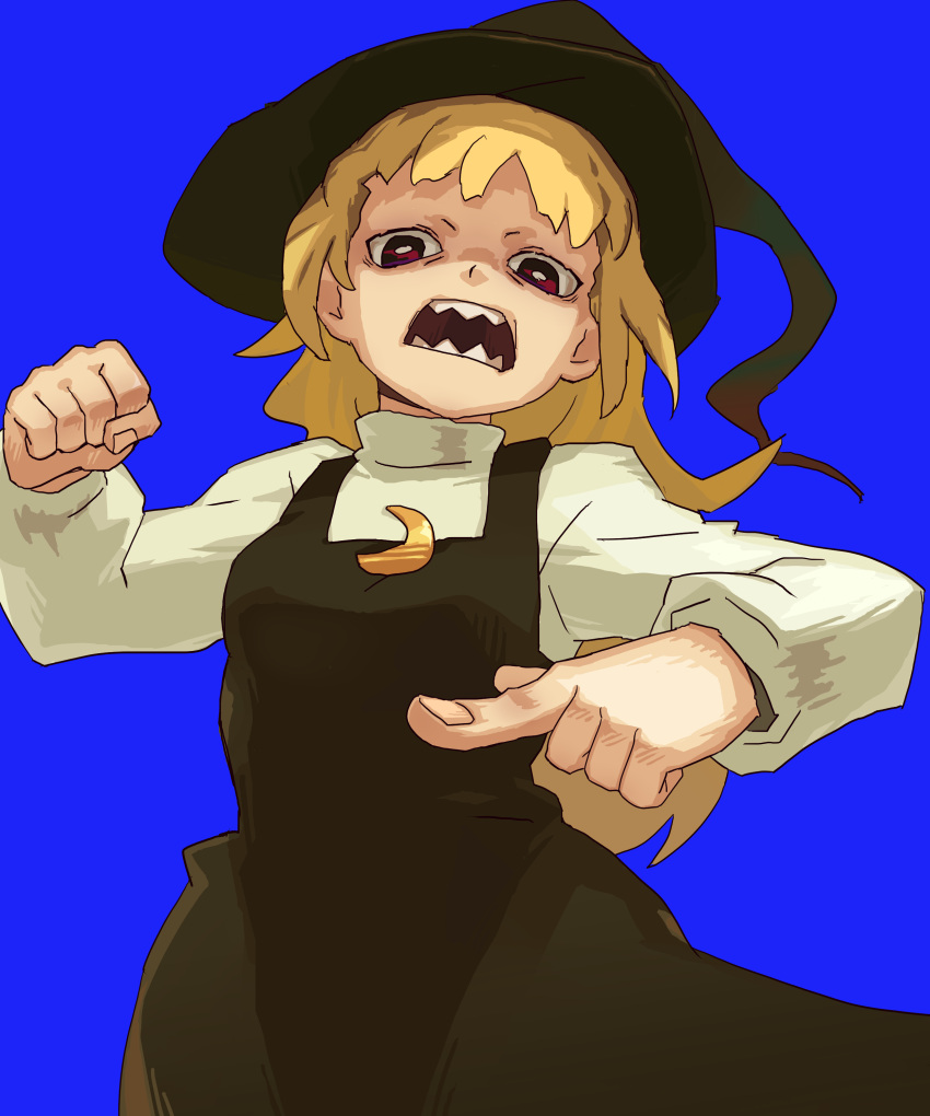 1boy absurdres bangs black_dress black_headwear blonde_hair blue_background bright_pupils commentary_request cookie_(touhou) cowboy_shot crescent crescent_pin dinoswift dress gogogo_(cookie) hat highres incoming_punch kirisame_marisa long_hair long_sleeves looking_at_viewer open_mouth pinafore_dress pointing pointing_at_viewer red_eyes sharp_teeth shirt simple_background solo teeth touhou white_pupils white_shirt witch_hat